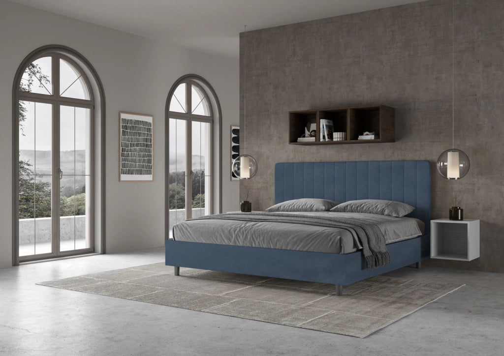BS COM Letto matrimoniale king size con rete imbottito 190x190 microfibra blu