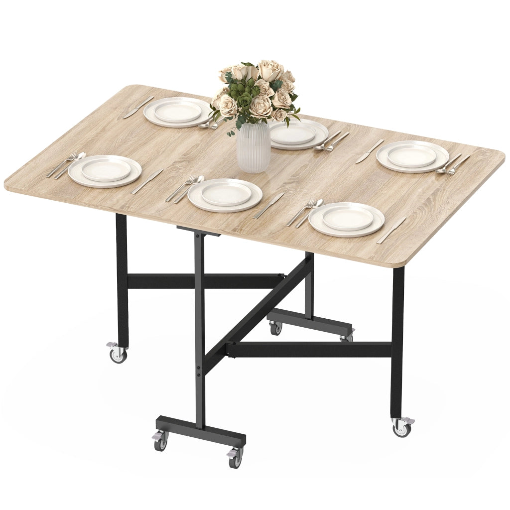 Tavolo Pieghevole per 4-6 Persone con 2 Ribalte e Ruote con Freno, 120x80x73 cm, Rovere