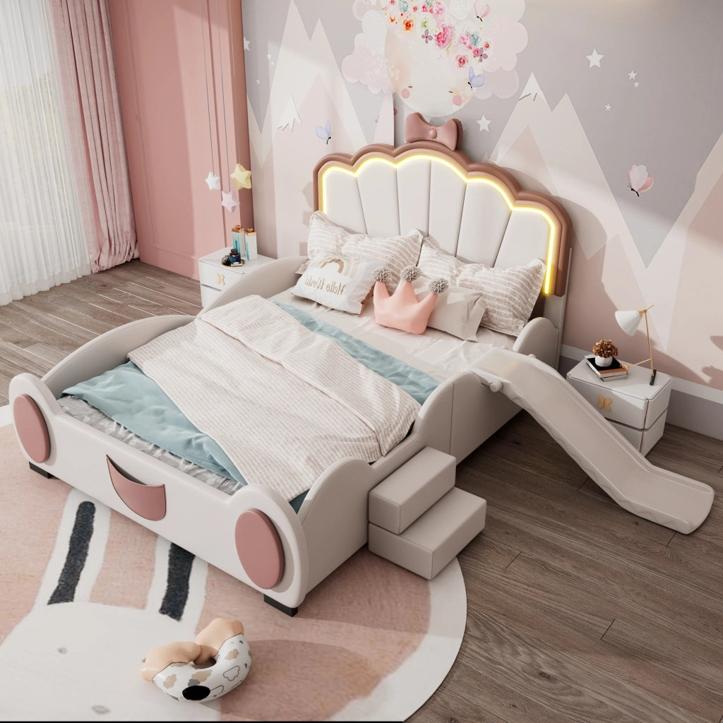 Letto per bambini 140x200 cm a farfalla con LED multicolore, scivolo e scale, rosa e bianco