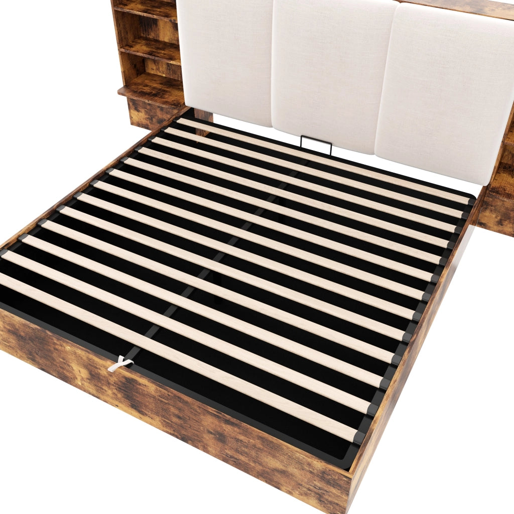 DESMIU Lit coffre 180 × 200 cm 2 posti con LED, 6 vani, testiera imbottita, senza materasso, marrone
