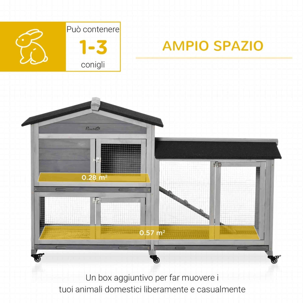 Conigliera da Esterno 157,4x53x99,5 cm a 2 Livelli con Casetta e Spazio Aperto Recintato in Legno Grigio