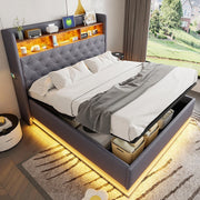 Letto matrimoniale-Xylo-160x200 cm-LED, USB, idraulico, lino, grigio