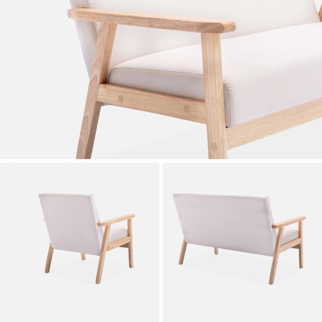 Set panca e poltrona in legno e tessuto, 3 posti, beige