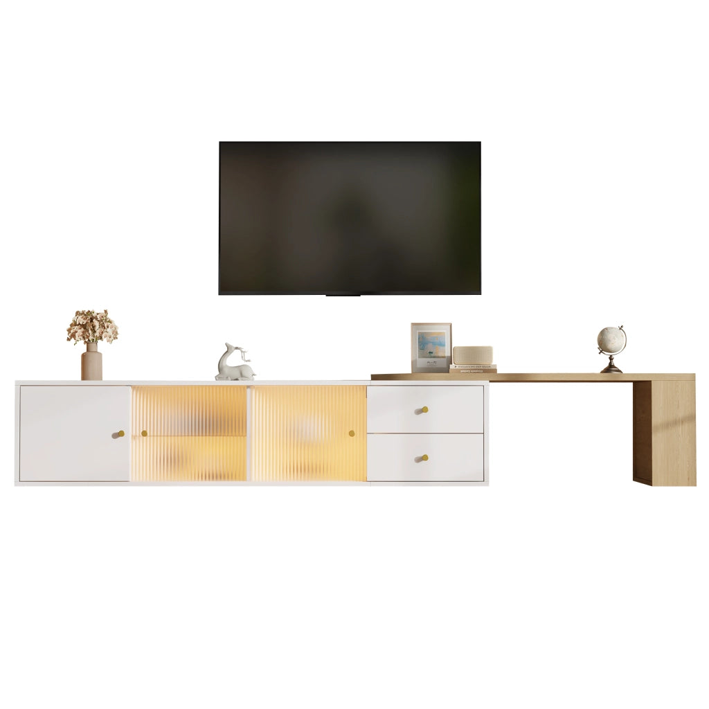 Mobile TV Estensibile 175x40x38 cm Bianco Legno con LED RGB, 2 Cassetti e Ante in Vetro Scorrevoli