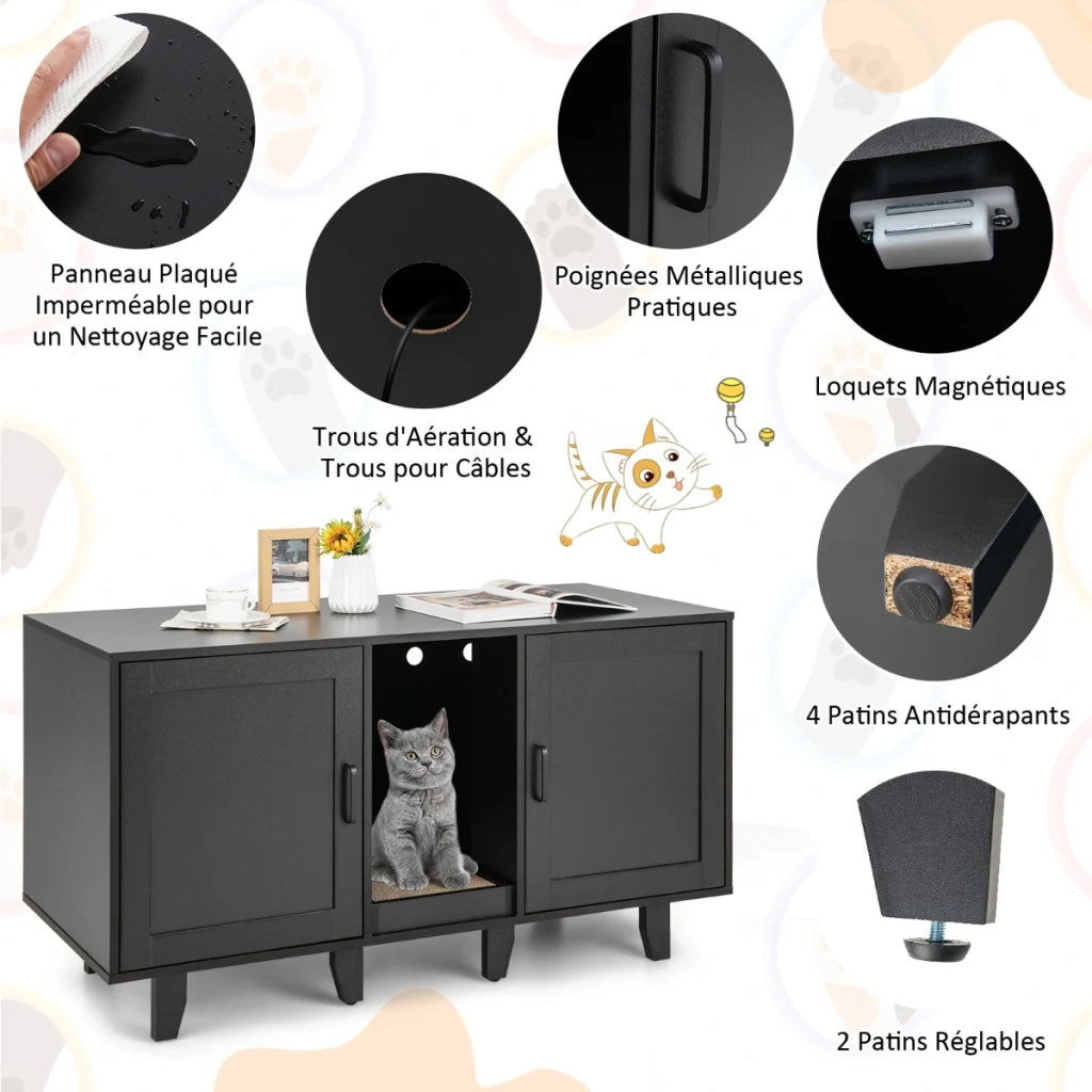 Lettiera per gatti 120 x 52 x 65 cm 2 scomparti design moderno in nero PB 20_0017862