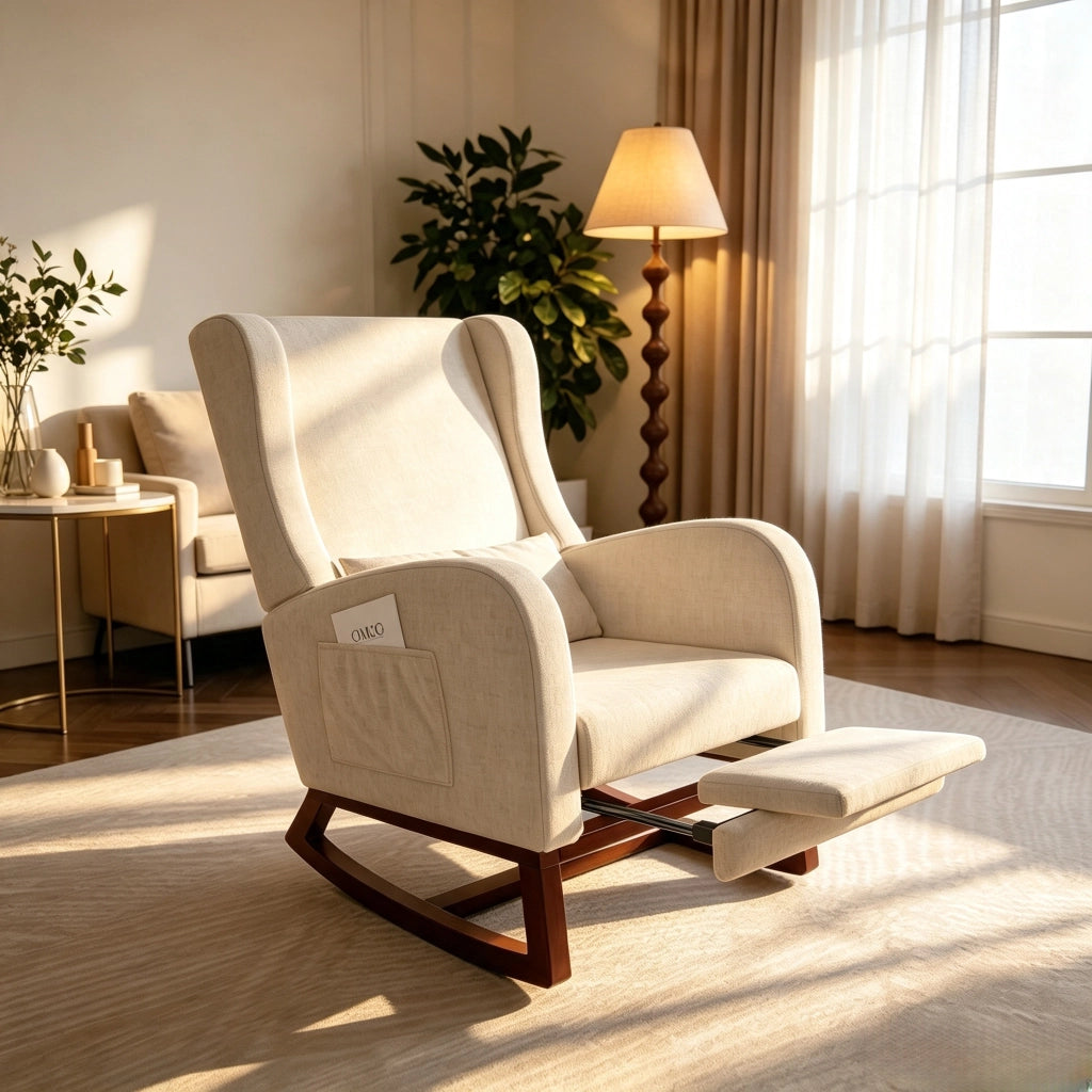 Poltrona relax a dondolo 73x62x48 cm con poggiapiedi;sedia a dondolo da interno per allattamento;struttura in legno e velluto opaco beige
