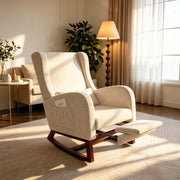 Poltrona relax a dondolo 73x62x48 cm con poggiapiedi;sedia a dondolo da interno per allattamento;struttura in legno e velluto opaco beige