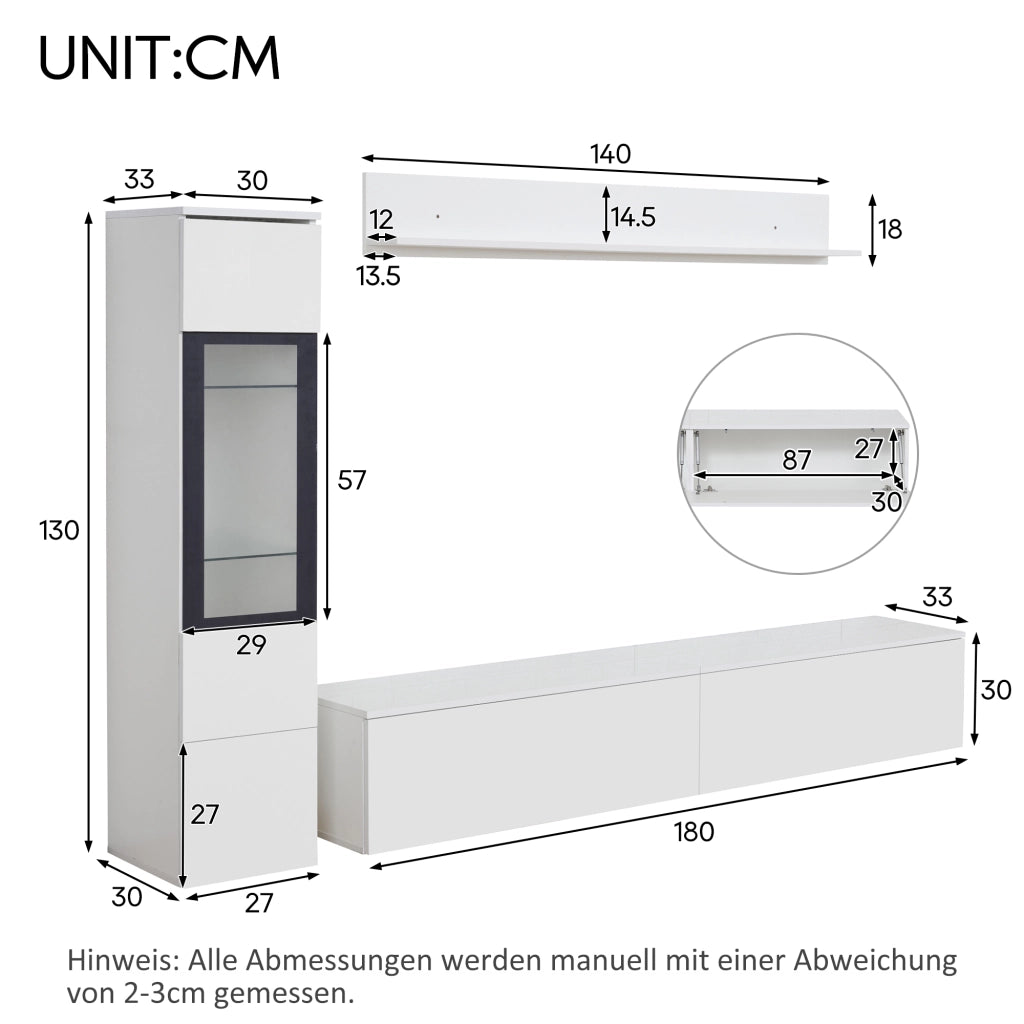 PARETE ATTREZZATA Set da 3 pezzi con LED 180 cm Bianco lucido