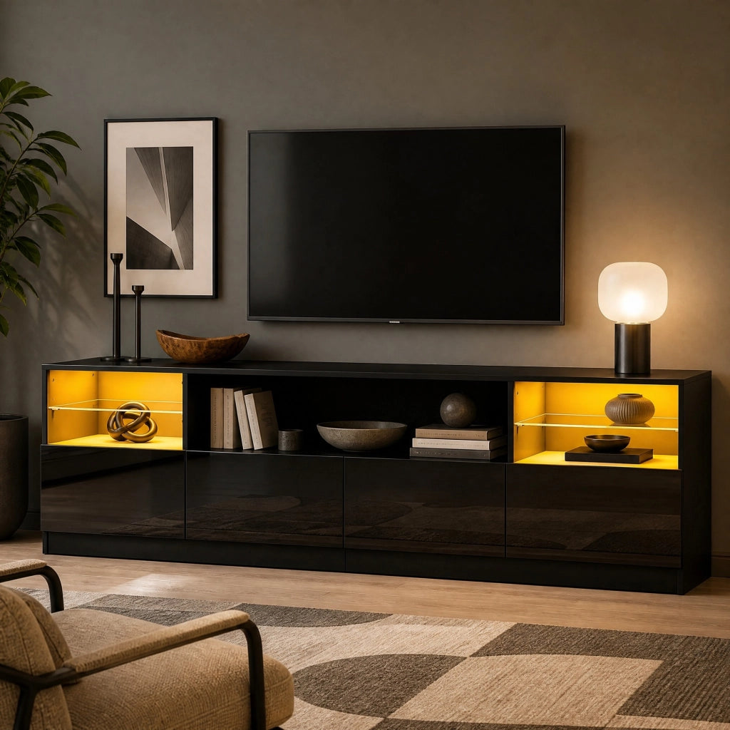Mobile TV con LED integrato; 180 x 35 x 60 cm; in truciolare nero lucido