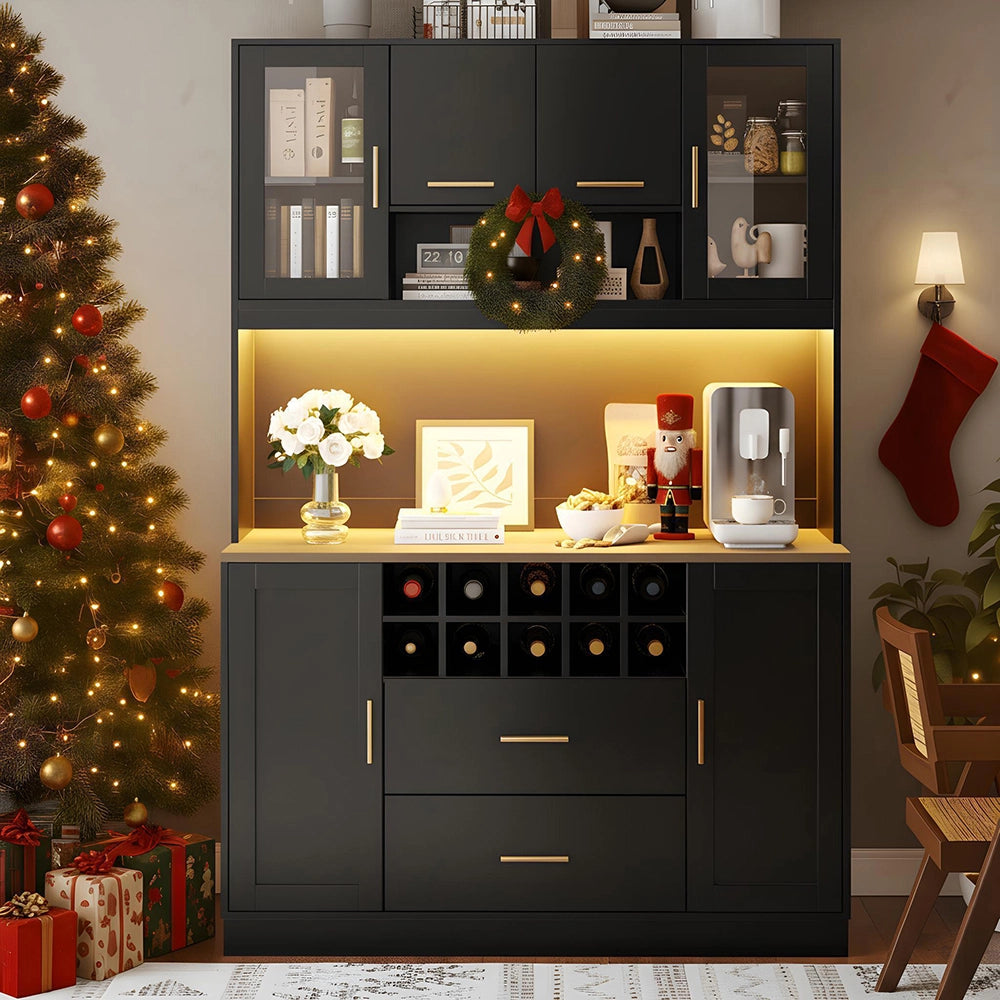 Armadio laterale per cucina - Xylo - 120x36,3x180 cm - Nero/Bianco - Illuminazione LED e presa di corrente
