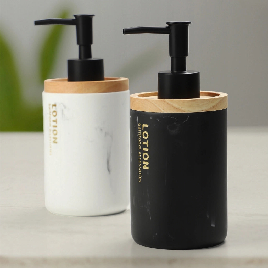 Dispenser di sapone liquido e gel KADAX da 250 ml, finitura effetto marmo nero.