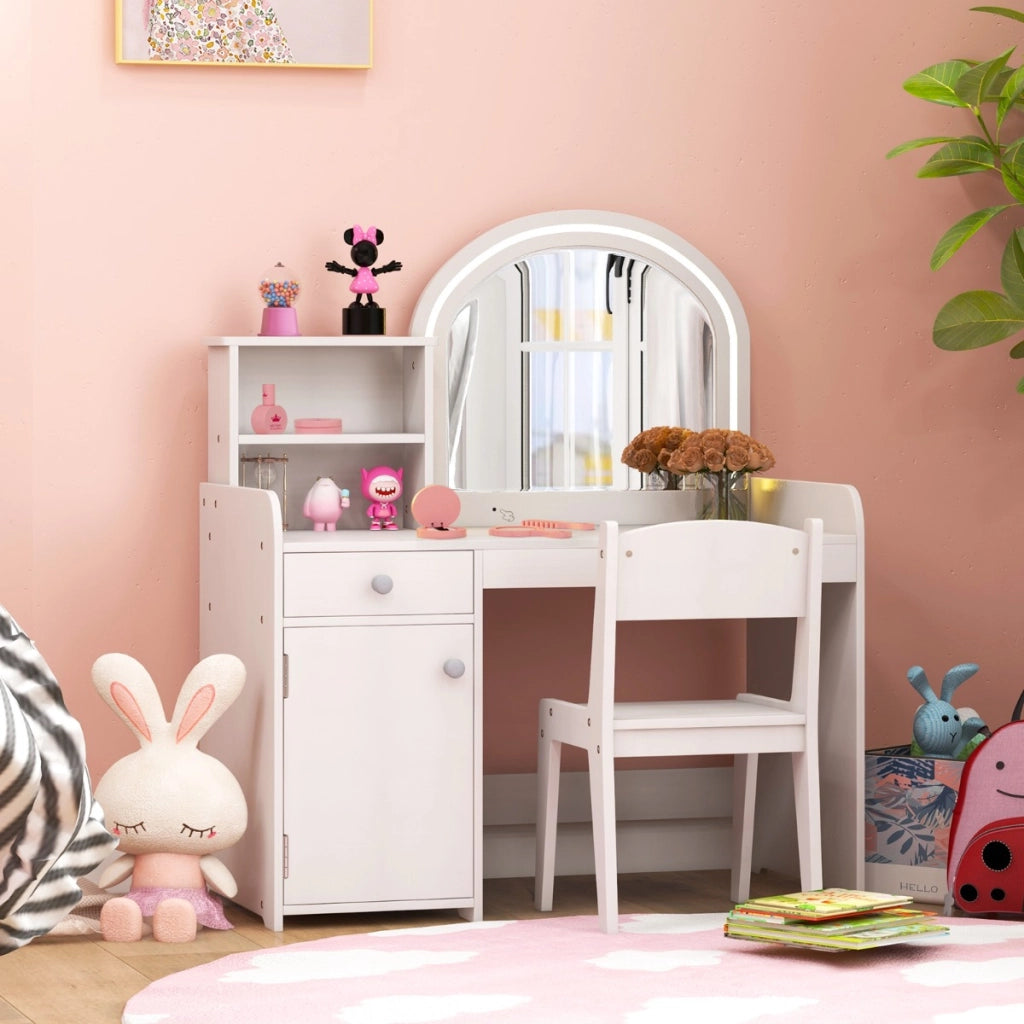 Set tavolo da trucco per bambini con sedia mensole cassetto e anta-Toeletta da trucco in legno con luci LED Bianco