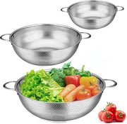 Set di setola per cucina in acciaio inossidabile a 3 pezzi con maniglie - microforato - pasta riso frutta verdura - scarico drenaggio