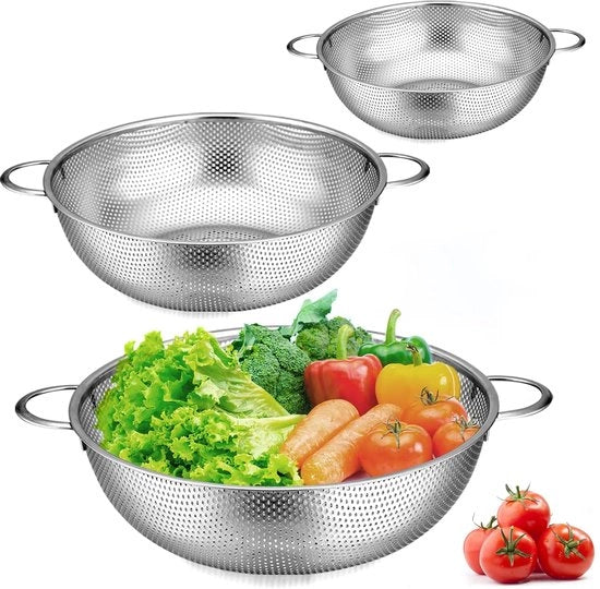 Set di setola per cucina in acciaio inossidabile a 3 pezzi con maniglie - microforato - pasta riso frutta verdura - scarico drenaggio