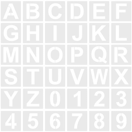 Serie di stencil 36 pezzi - Lettere e numeri riciclabili - Plastica - 5 cm di altezza - Per piatti in legno/ decorazione di torte - Bianco - Stencil di lettere