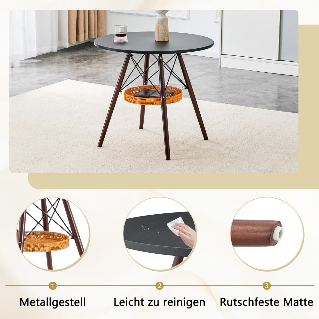 Tavolo da pranzo - rotondo Ø80 cm - MDF nero - gambe in noce massello - cesto intrecciato sospeso