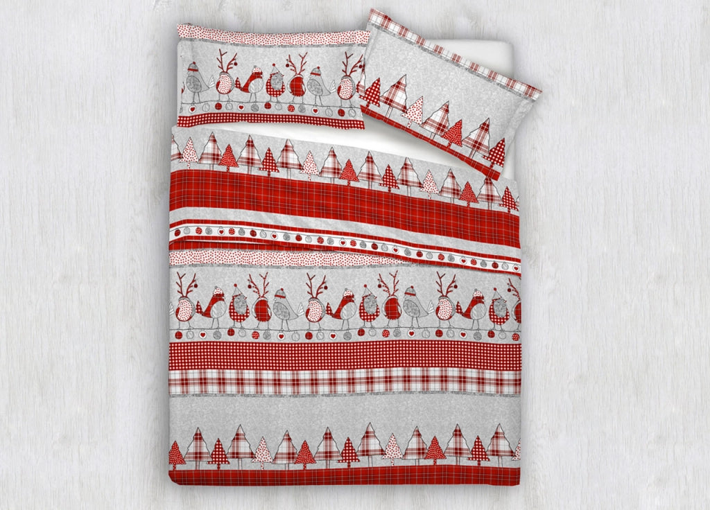 Copripiumino Sacco Piumone 100% Cotone Disegni Natalizi Invernali Renne Cuori OB - Singolo - Oliver Rosso