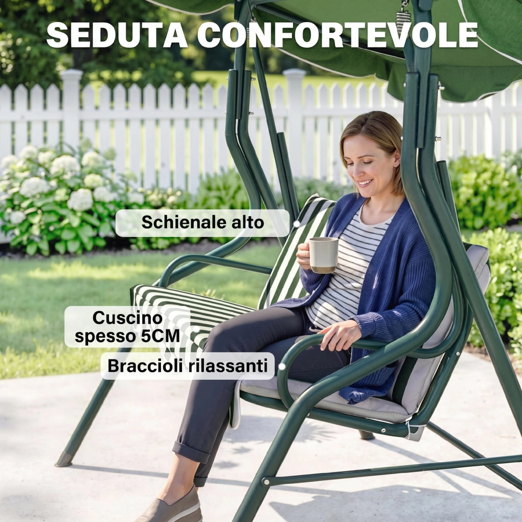 Sedia a dondolo da giardino con tenda ¨C Minimal ¨C Verde, acciaio, 170x110x153 cm