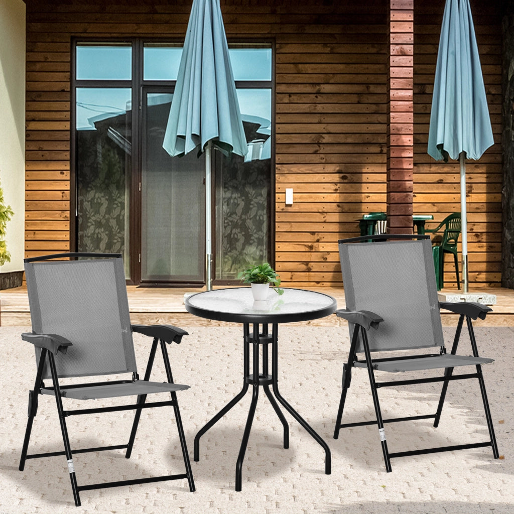 Set giardino 3 pezzi tavolo rotondo vetro temperato 2 sedie pieghevoli reclinabili ¨C Xylo ¨C Textilene grigio