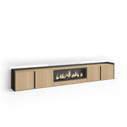 Mobile TV Soggiorno, 315x50x35 cm, Per TV fino a 80", Camino elettrico XXL, Led, Rovere e nero