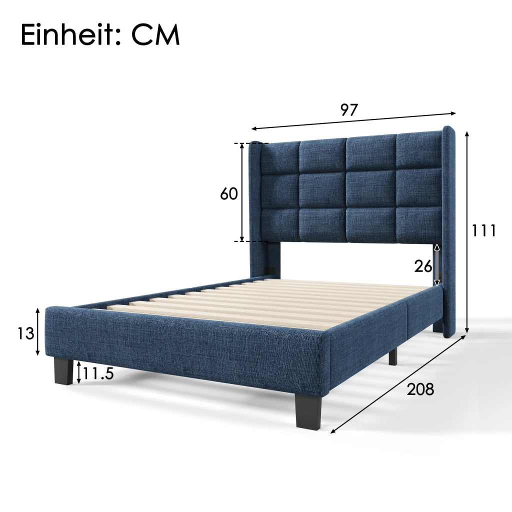 letto imbottito lino blu 90 x 200 cm
