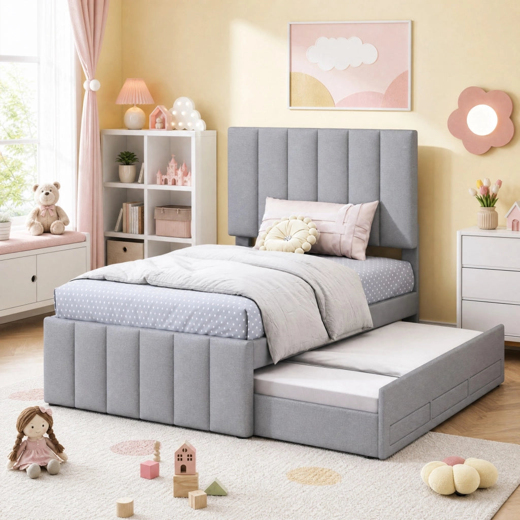 LETTO Imbottito 204 x 90 x 118 cm Grigio con letto estraibile e 3 cassetti