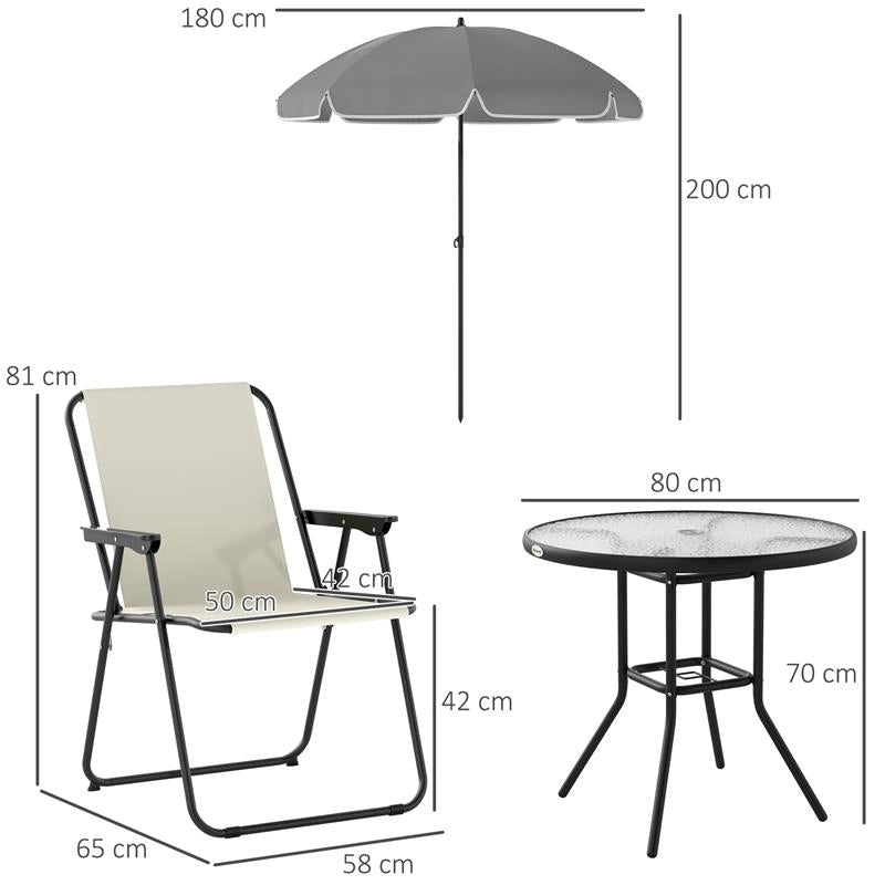 SET DA GIARDINO 6 PEZZI IN ACCIAIO CON 4 SEDIE PIEGHEVOLI OMBRELLONE E TAVOLO ROTONDO CREMA GRIGIO E NERO