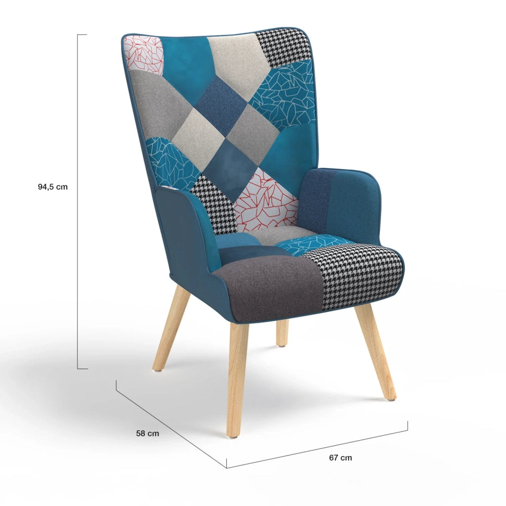 IDMarket - Poltrona scandinava IVAR in tessuto patchwork e velluto blu