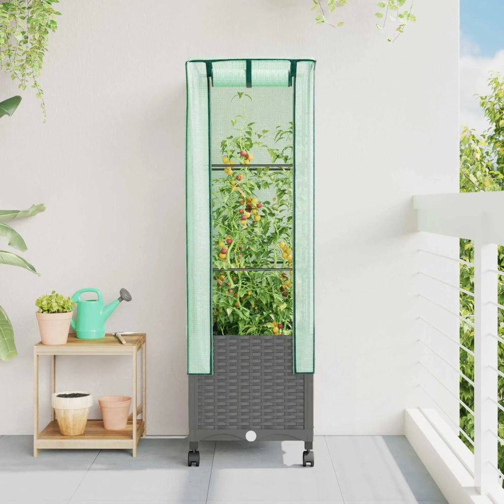 Vaso da Giardino con Copertura per Serra e Ruote Grigio Chiaro 3422932