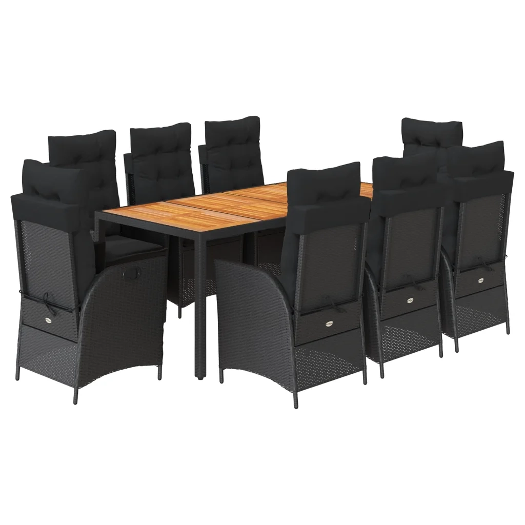 Set da Pranzo da Giardino 9 pz con Cuscini Nero in Polyrattan