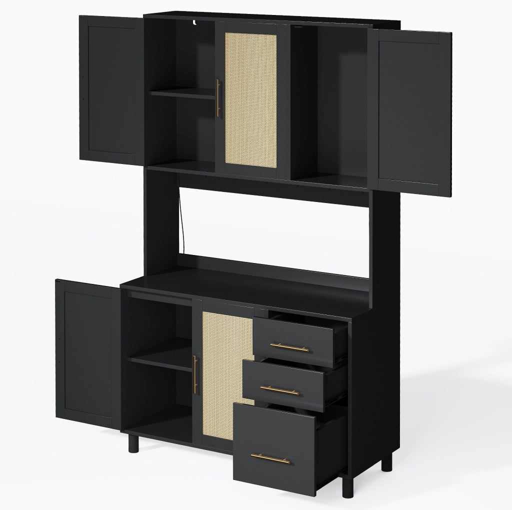 Credenza con LED controllabile da app in rattan; MDF; nero