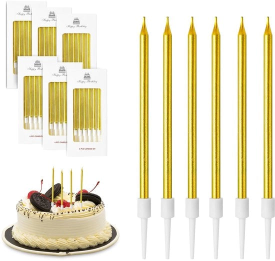 Verjaardagskaarsen per 36, ghirlande di candele per torta, candele per torta lunghe e sottili con supporto in oro, per decorare torte di compleanno, ideali per bambini e adulti.