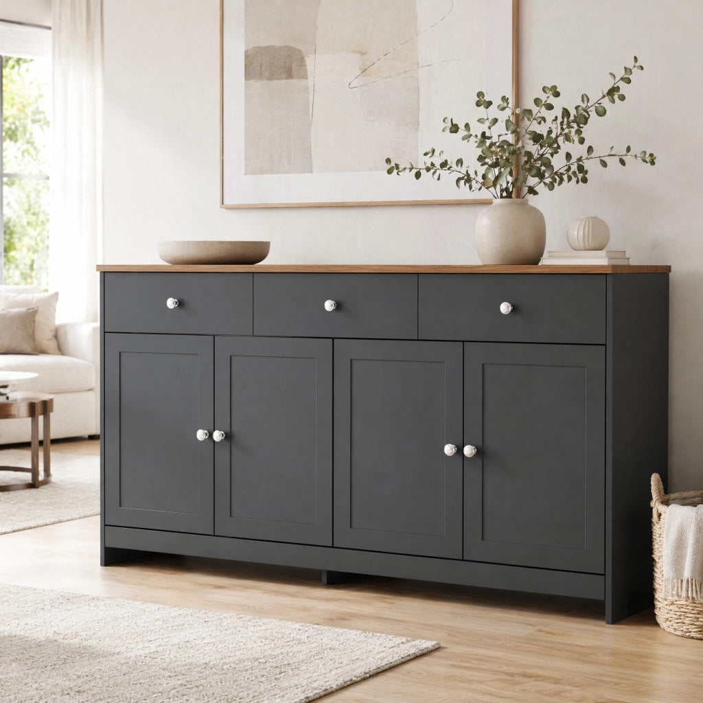 SIDEBOARD 160 cm in MDF Nero/Grigio con 3 cassetti e 4 ante
