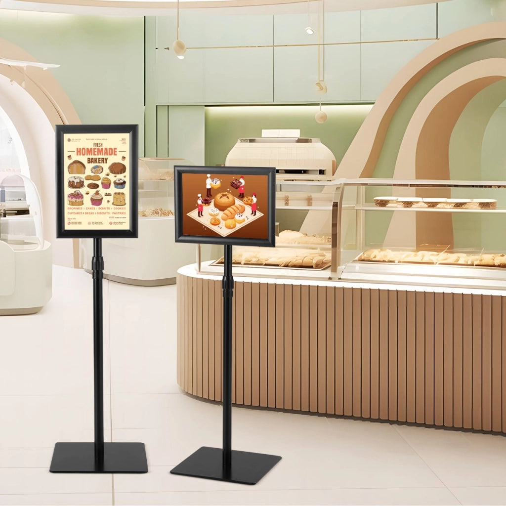 A4 supporti da piedistallo autoportante poster stand in metallo girevole, Supporti da piedistallo regolabile 73-123cm set da 2 Nero