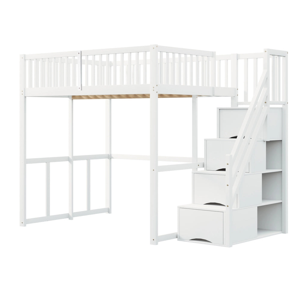 Letto a soppalco 140x200 cm con scala contenitore e struttura in legno