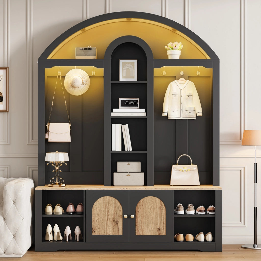 ARMADIO INGRESSO 150x40x195 cm MDF Nero con ripiani e ganci