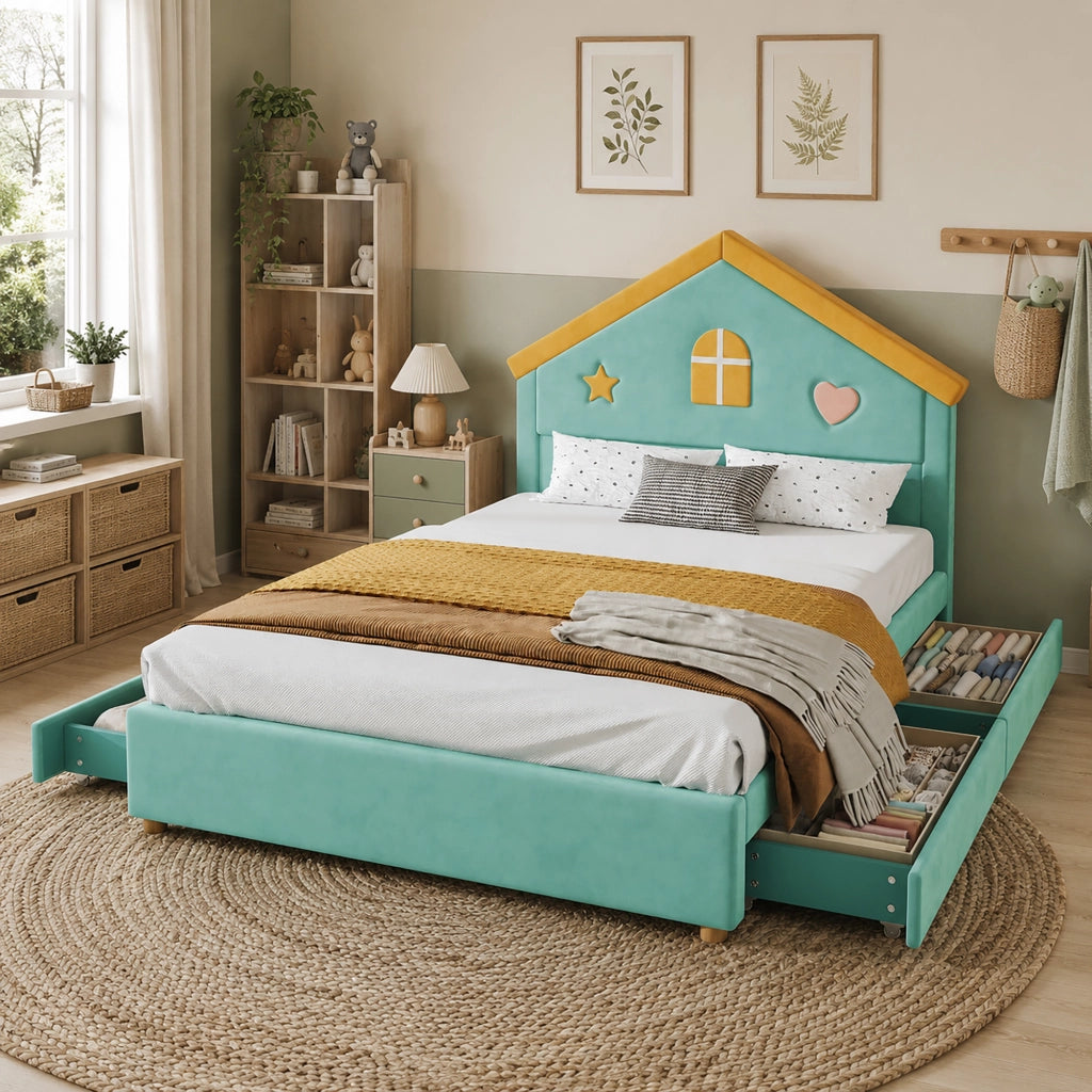 letto per bambini velluto blu verde 140 x 200 cm