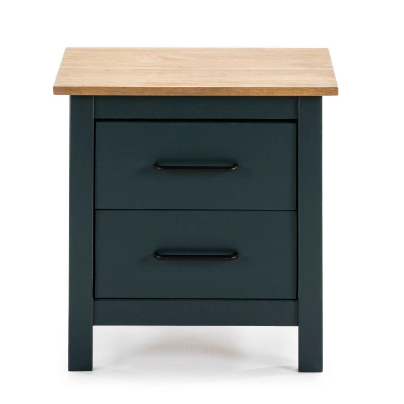 Comodino Miranda 2 cassetti in legno massiccio blu e top pino