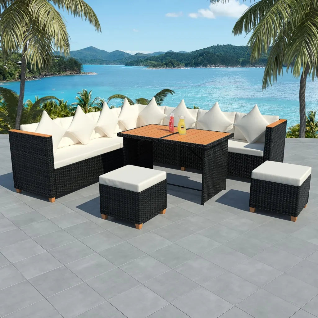 Set Divani da Giardino 7 pz con Cuscini in Polyrattan Nero 43001