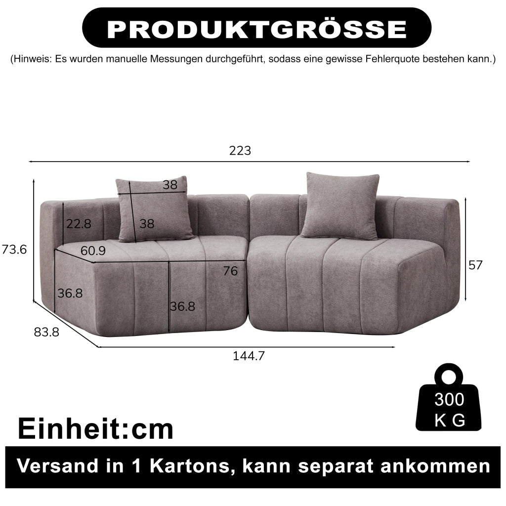 Modulo divano curvo modulare in chenille grigio con 2 cuscini, design a semicerchio
