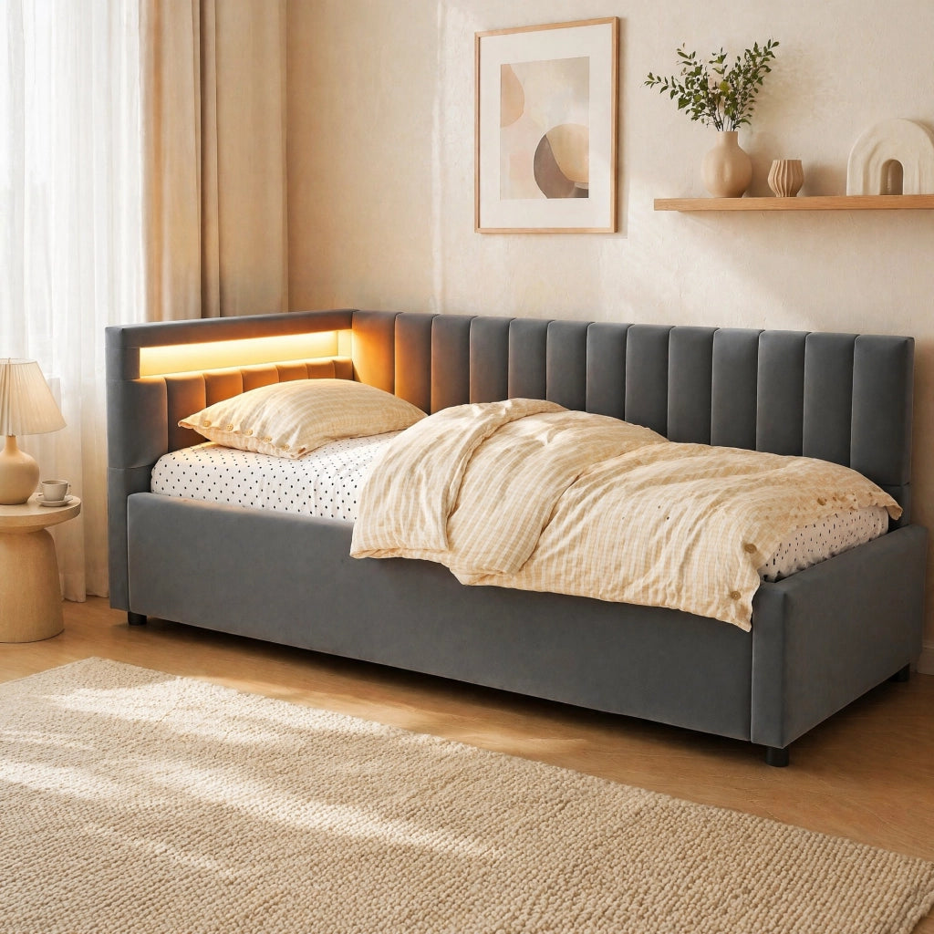 LETTO Divano imbottito 90x200 cm in velluto grigio con LED e contenitore