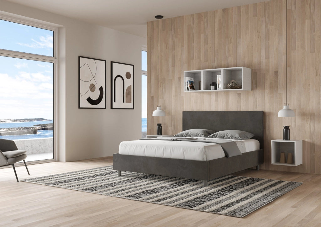 BS COM Letto matrimoniale con rete imbottito 160x200 microfibra grigio