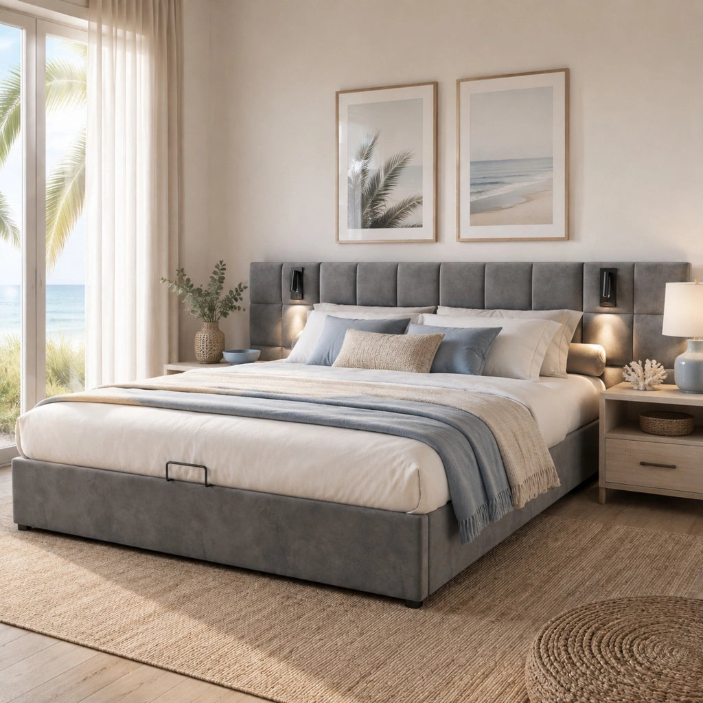 LETTO Contenitore 160x200 cm in velluto grigio con lampada e USB