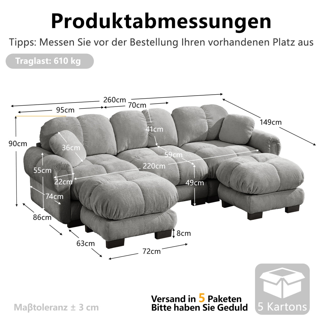 Divano panoramico a U 3 posti con pouf mobile e 2 cuscini, Chenille, Grigio chiaro