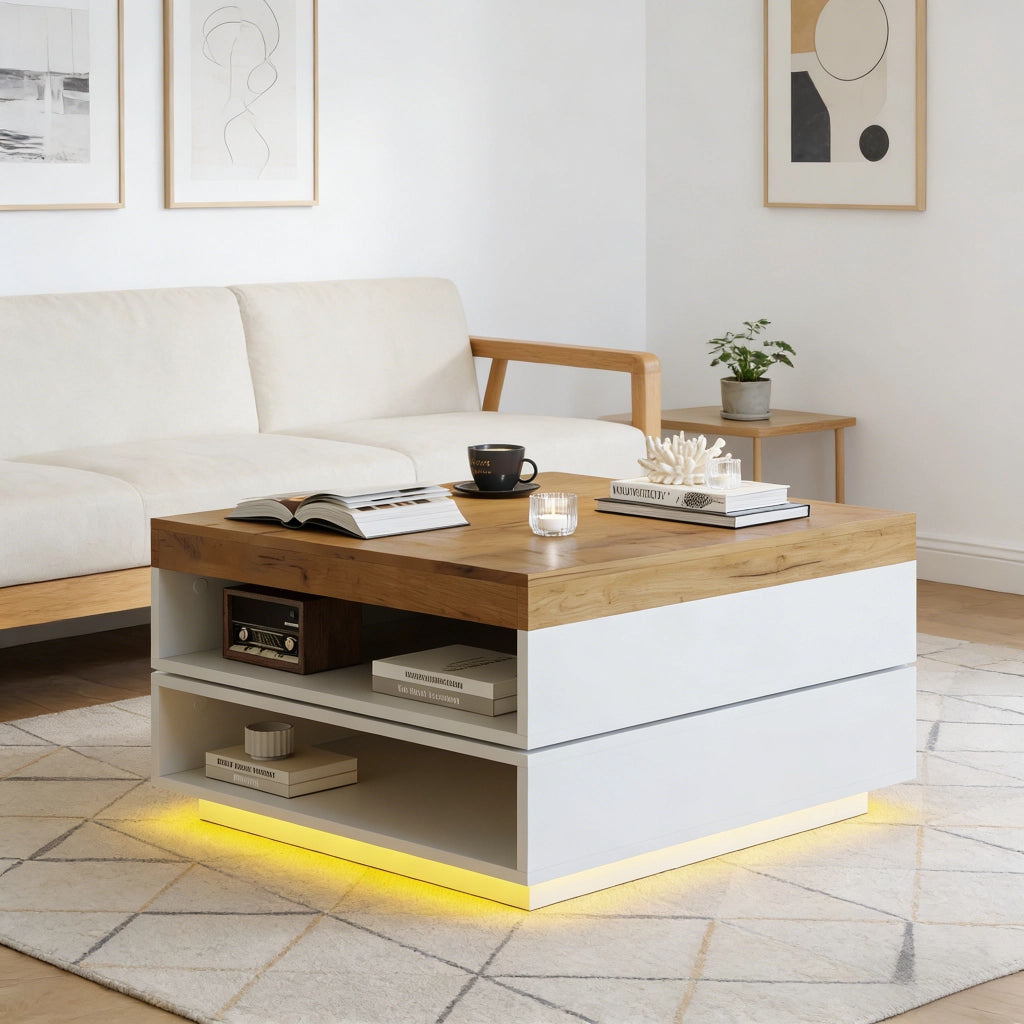 Tavolino quadrato 65¡Á65¡Á40 cm con piano girevole a 360¡ã, illuminazione LED e ripiani aperti, Bianco + effetto legno