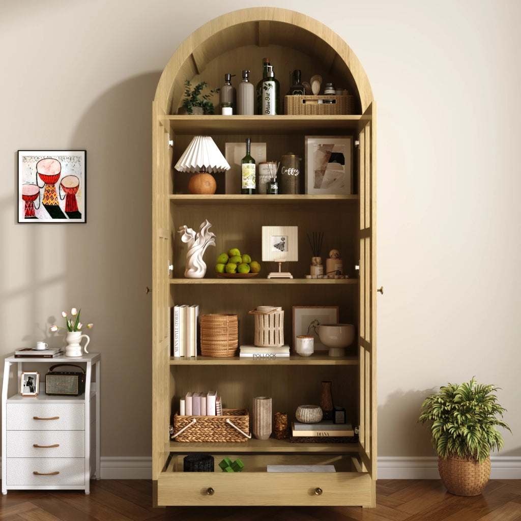 Vetrina ad Arco con 1 Cassetto e Ripiani per Soggiorno in MDF 75×35×170.5 cm Naturale