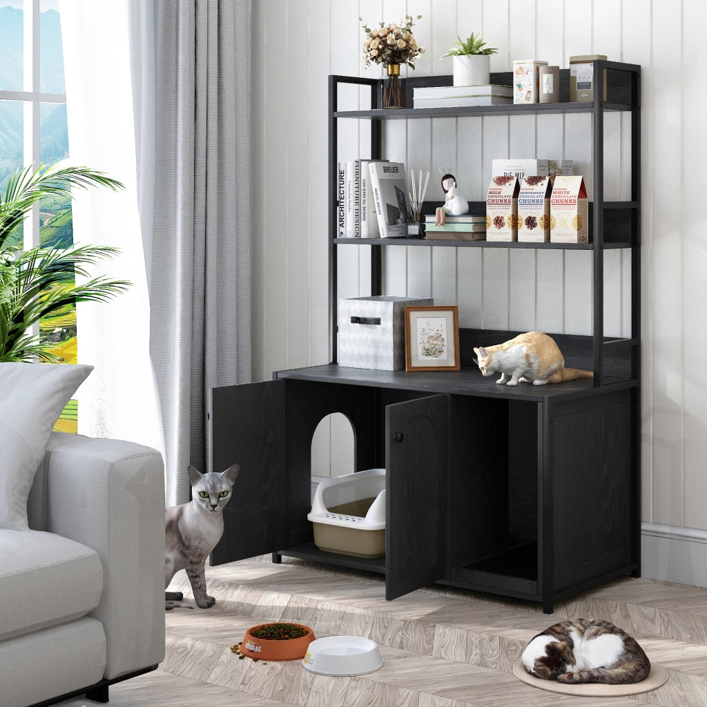 MOBILETTO LETTIERA per gatti con scaffali 3 livelli, nero, MDF e metallo
