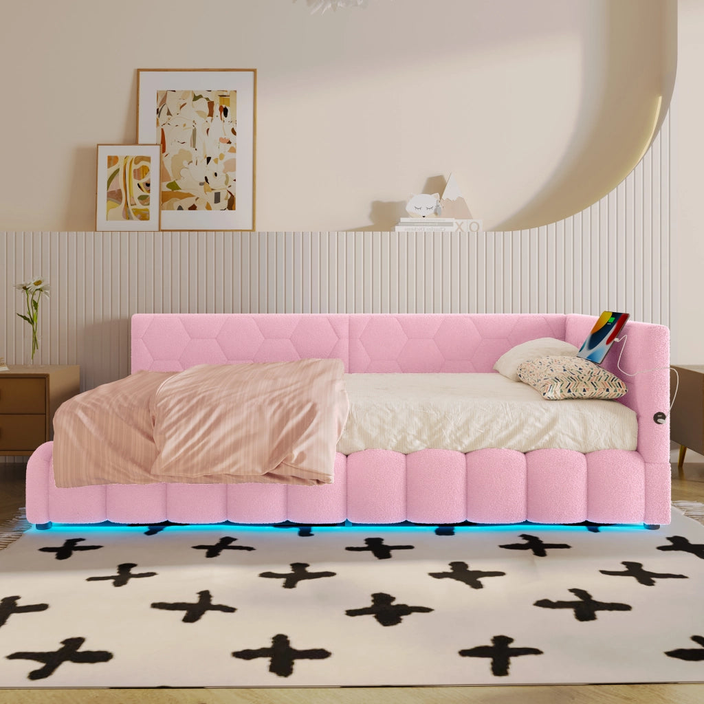 Letto 90x200 cm con contenitore; LED e USB Tipo-C rosa