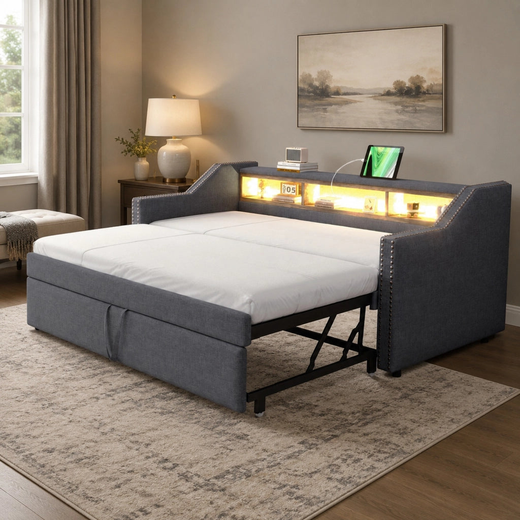DIVANO LETTO Estraibile 90/180 x 190 cm Grigio Scuro con USB e LED