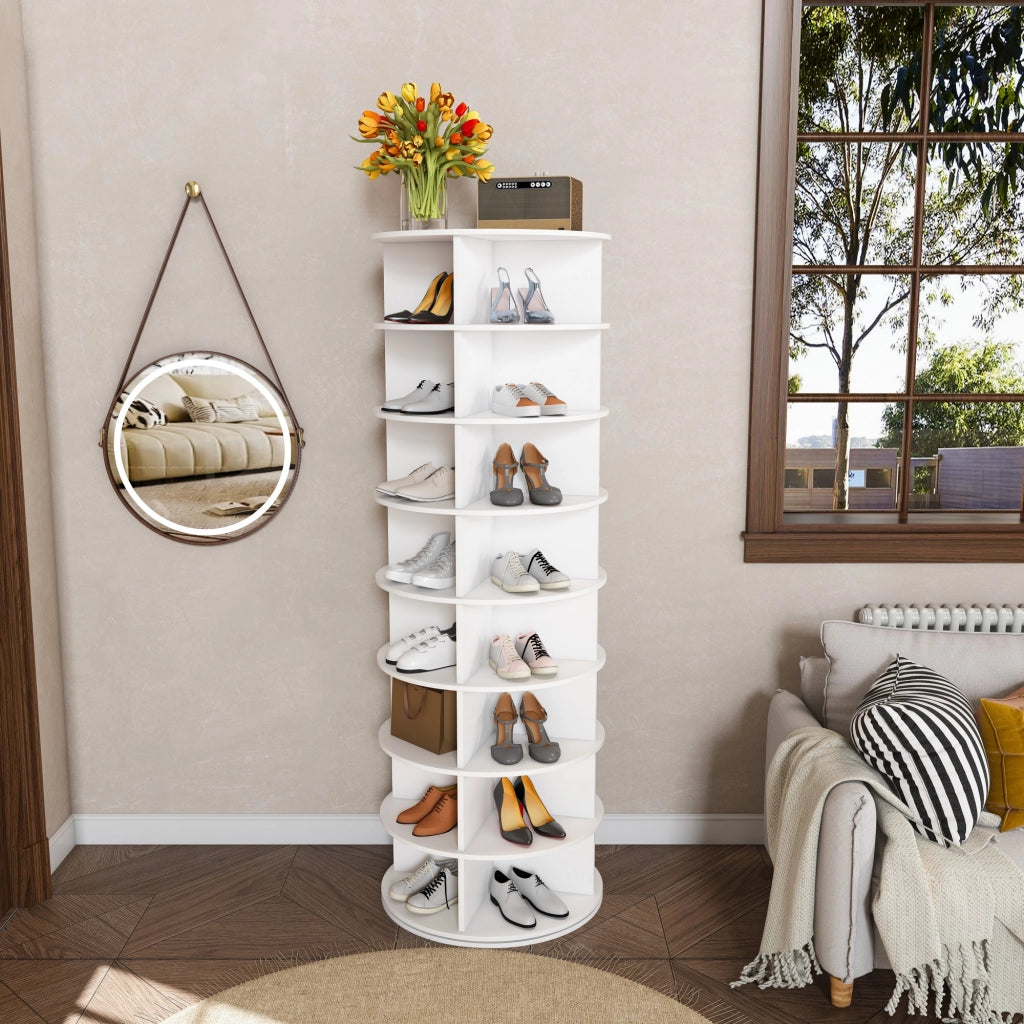 Scarpiera girevole con 8 ripiani per 32 paia di scarpe; in pvc; bianco; per ingresso; 60×60×184 cm